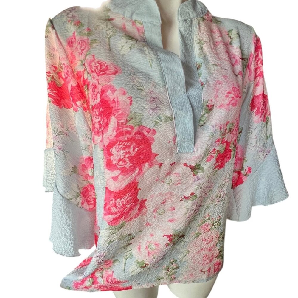 Floral Print Womens Tunic Top With Ruffled Sleeves & Split Neck Design Lightweig - Picture 4 of 7